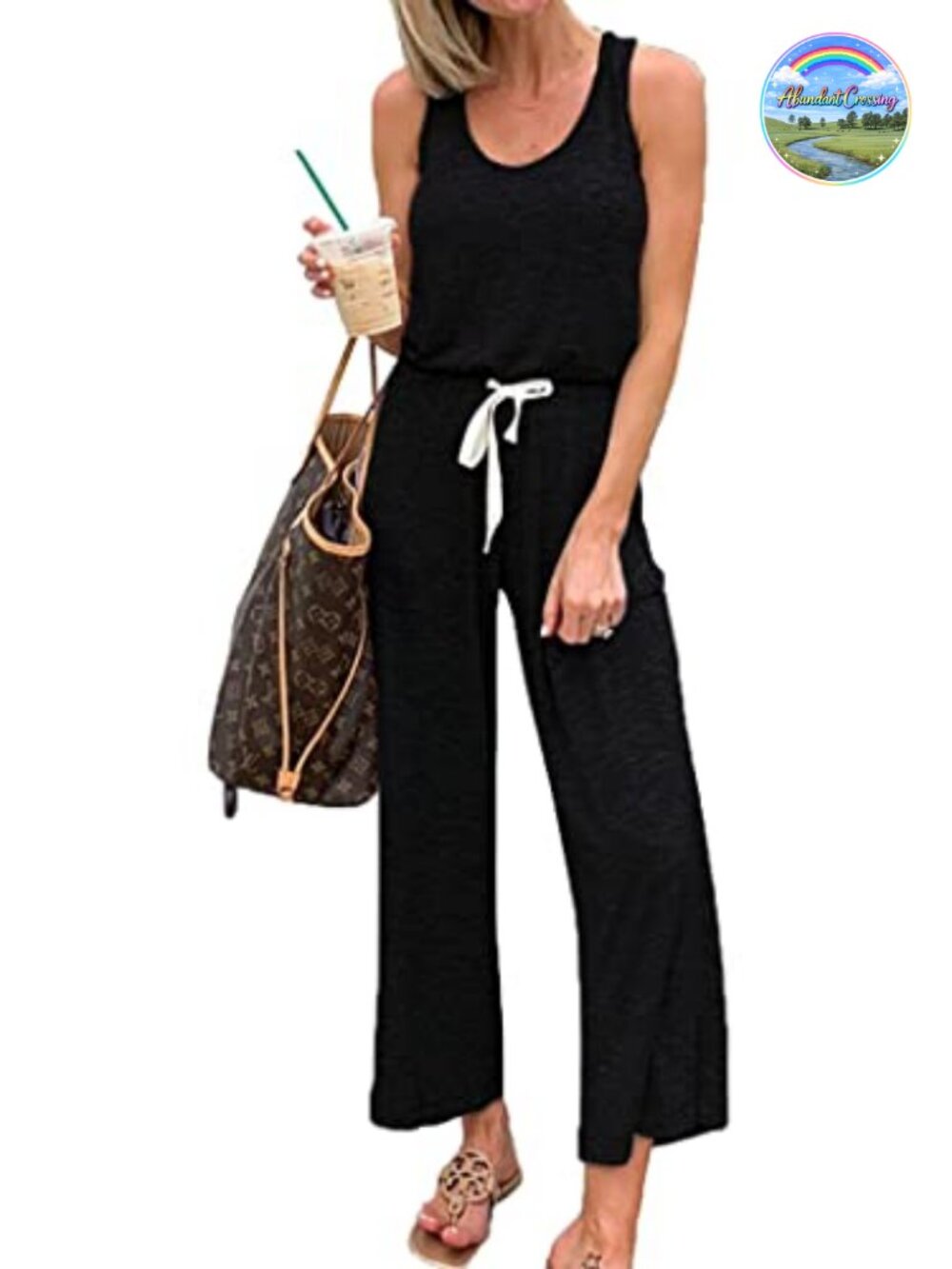 Women's Wide Leg Jumpsuit Sleeveless Scoop Neck Romper with Pockets